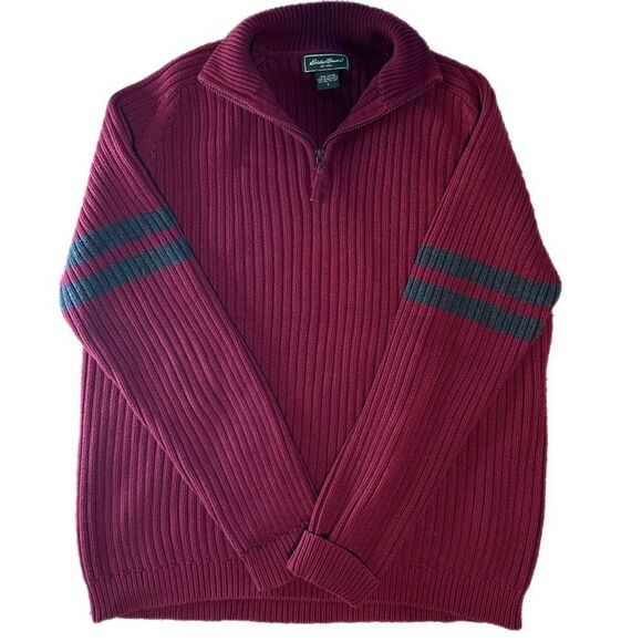 Eddie Bauer Burgundy and Grey Cable Knit Sweater with Zipper Collar. Size L. EUC - Picture 1 of 10